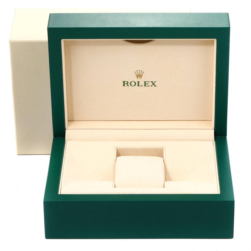The image shows an open Rolex watch box for a Mid-Size model, featuring a green exterior and beige interior.