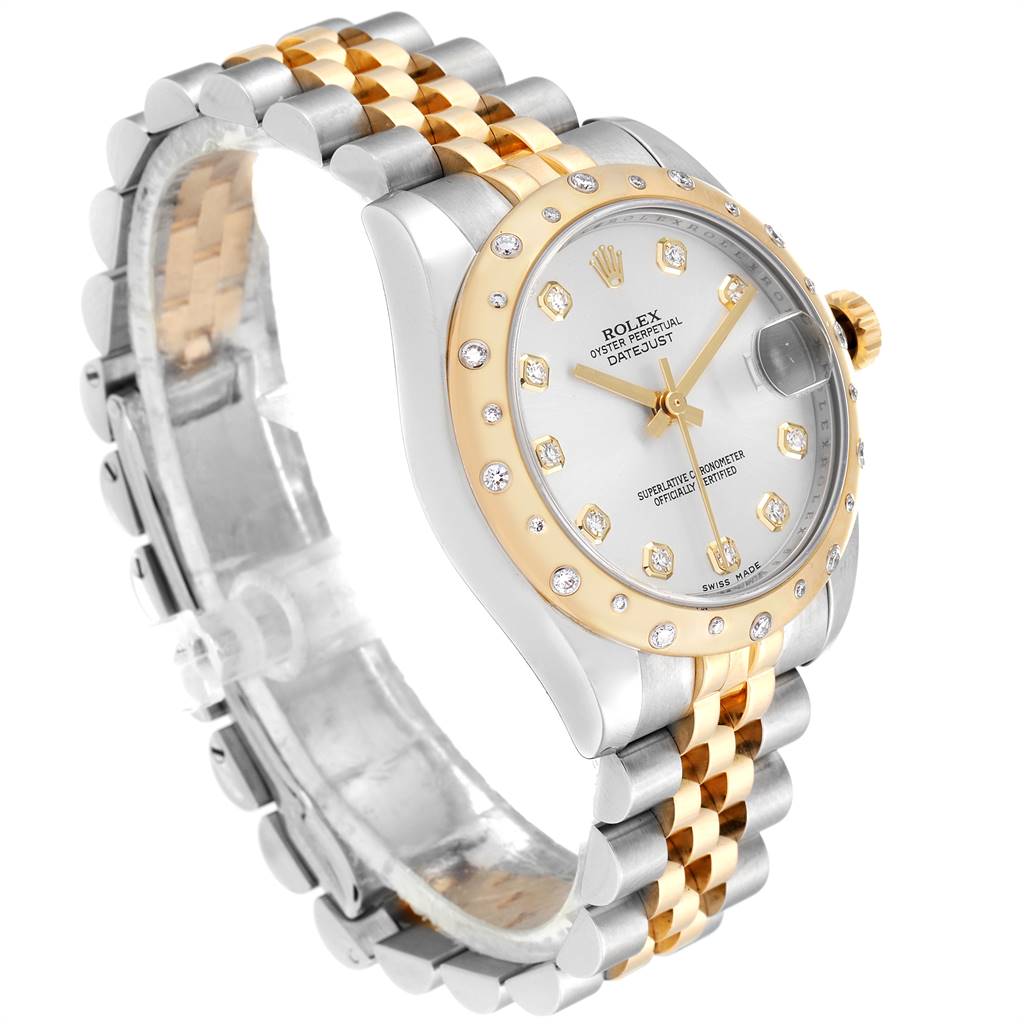 The image shows a Rolex Datejust Mid-Size watch at an angle revealing the dial, bezel, and two-tone bracelet.
