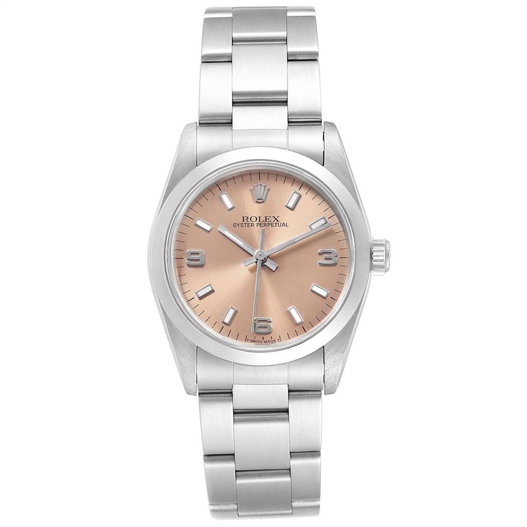 The image shows a front view of a Rolex Mid-Size 67480 Women's Stainless Steel Pink Dial 67480 Women's Stainless Steel Pink Dial Oyster Perpetual watch with a silver bracelet and a champagne dial.