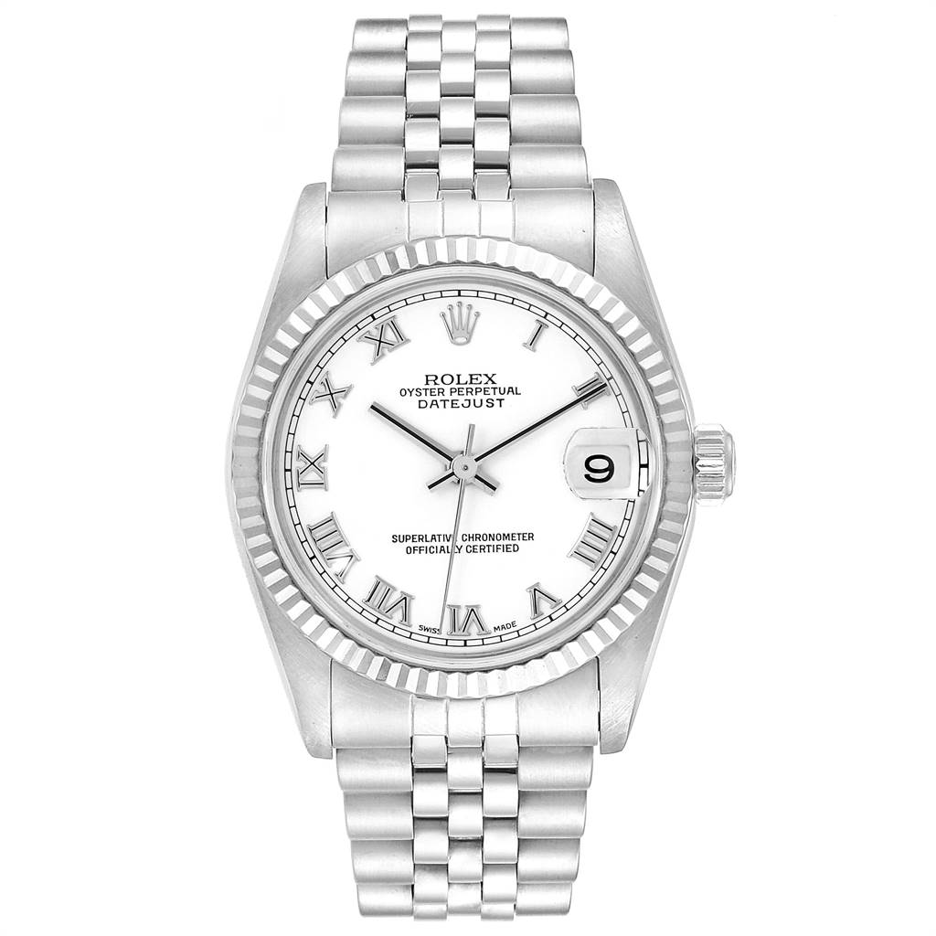 This image shows a Rolex Datejust Mid-Size watch from a frontal angle, displaying the dial, bezel, and bracelet.