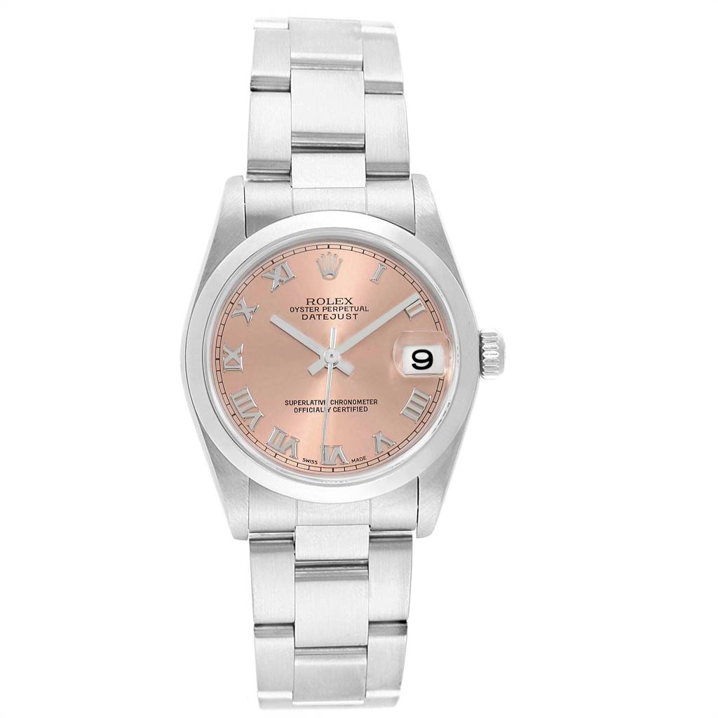 This image shows the front view of a Rolex Mid-Size 78240 Women's Stainless Steel Pink Dial 78240 Women's Stainless Steel Pink Dial Oyster Perpetual Datejust watch, displaying the dial and bracelet.