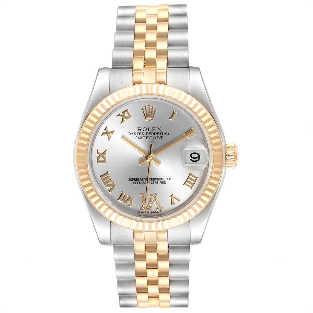 The image shows a front view of a Rolex Mid-Size 178273 Women's Steel and Gold (two tone) Silver Dial 178273 Women's Steel and Gold (two tone) Silver Dial Oyster Perpetual Datejust watch, displaying the dial, bezel, and bracelet.