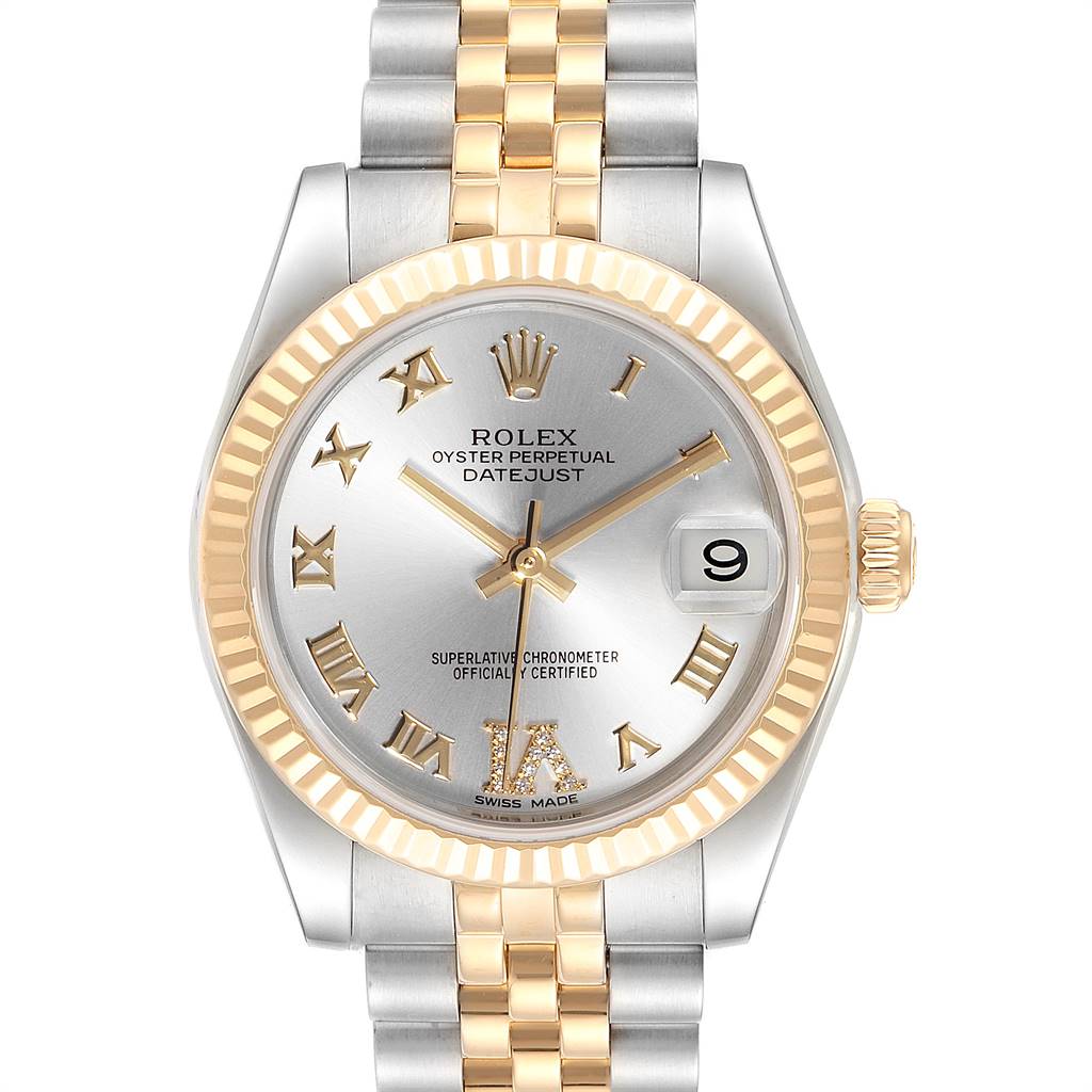 This image shows a front view of the Rolex Mid-Size 178273 Women's Steel and Gold (two tone) Silver Dial 178273 Women's Steel and Gold (two tone) Silver Dial Oyster Perpetual Datejust, featuring a silver dial and gold elements.