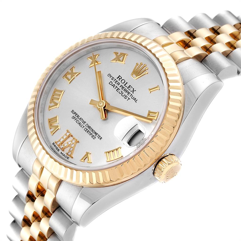 The image shows a Mid-Size Rolex Datejust watch angled to display the silver and gold dial, Roman numerals, and two-tone bracelet.