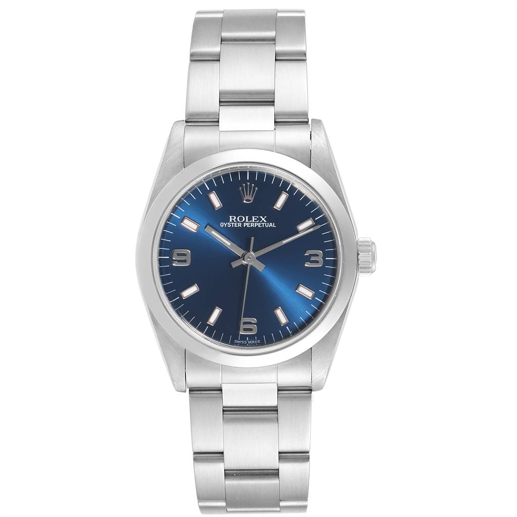 This is a front view of a Rolex Oyster Perpetual Mid-Size watch, displaying the dial, case, and bracelet.