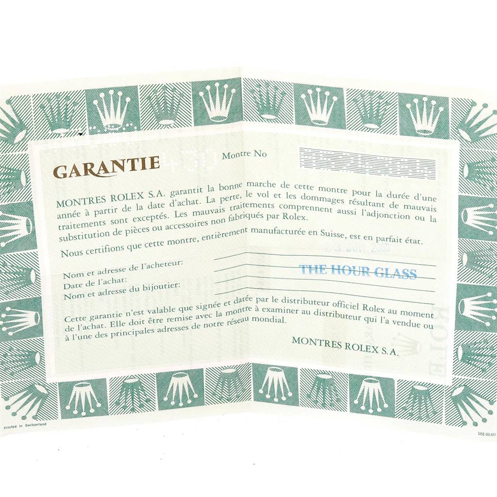 The image shows a warranty card for a Mid-Size Rolex watch, featuring brand details and buyer information fields with green Rolex logos.