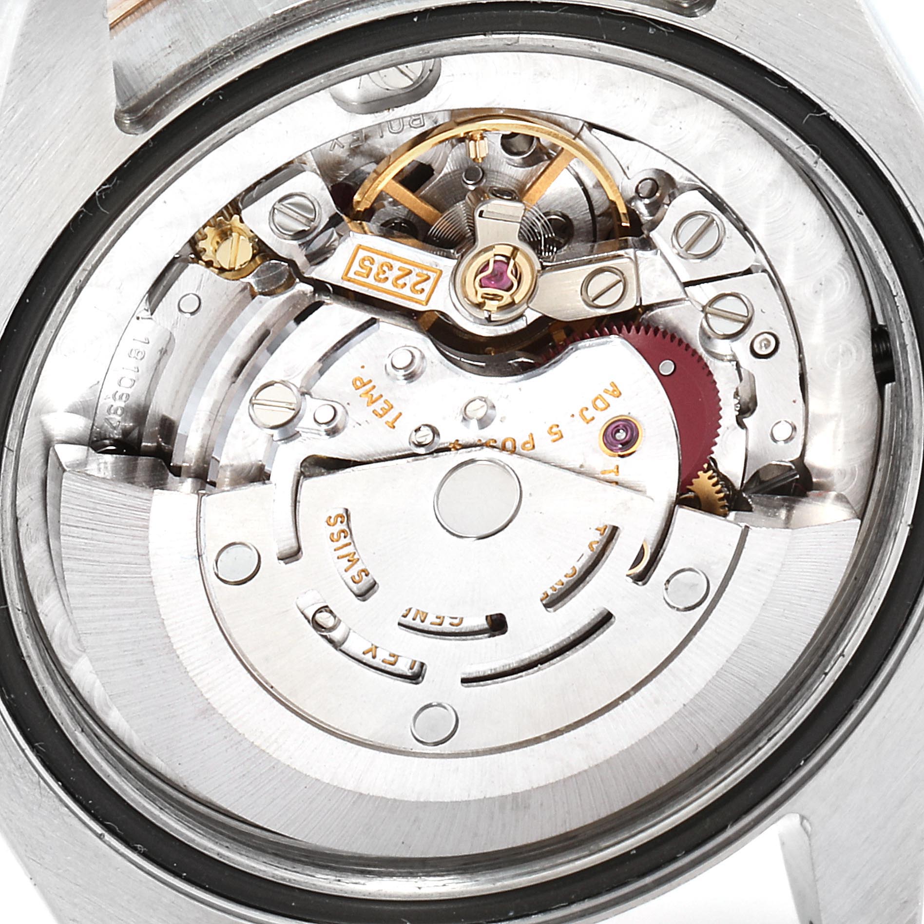 This image shows the internal mechanical movement of a Rolex Mid-Size 178271 Women's Steel and Gold (two tone) Black Dial 178271 Women's Steel and Gold (two tone) Black Dial model watch from a rear view perspective.