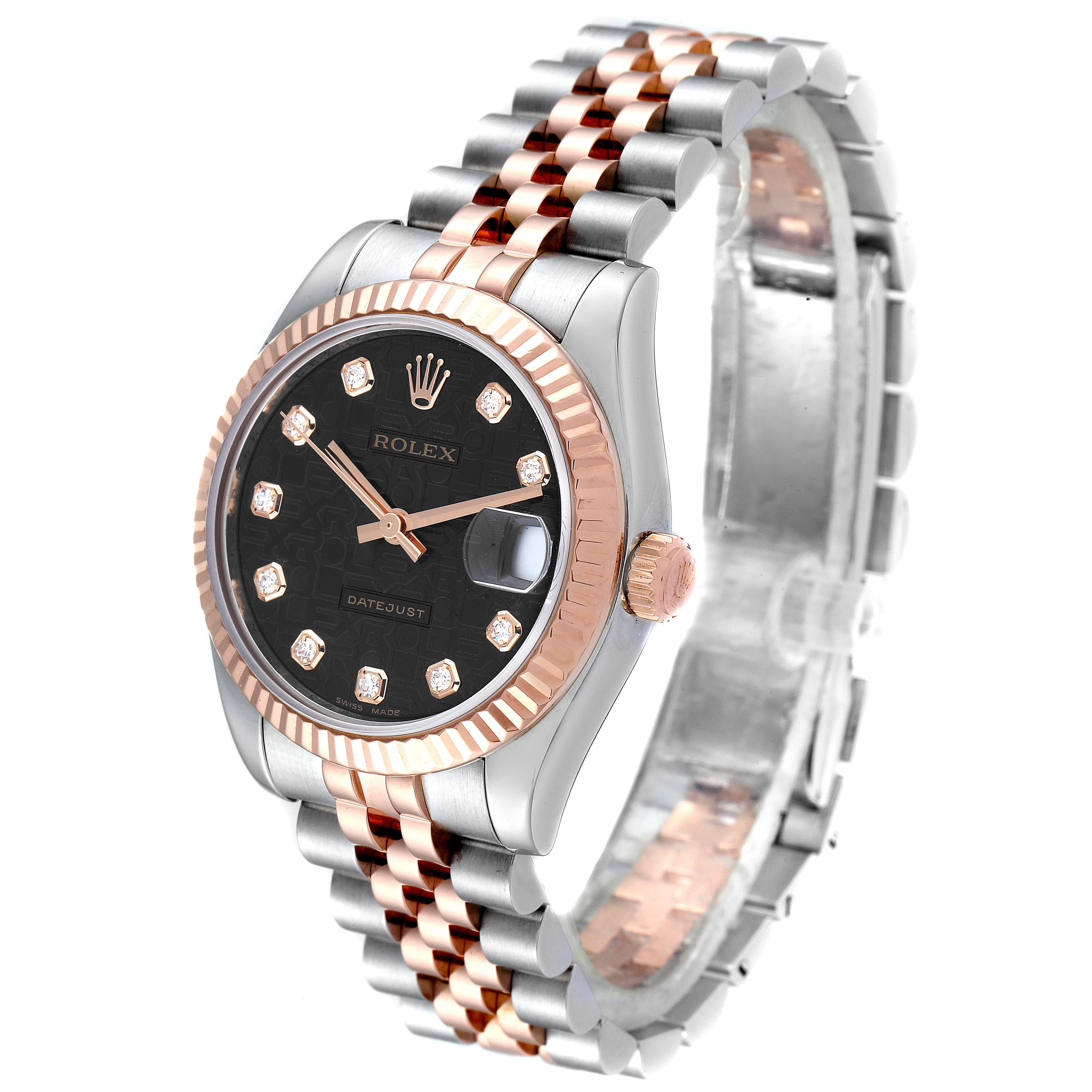 This image shows a Mid-Size Rolex Datejust watch at a three-quarter angle, featuring a black dial, diamond markers, and a two-tone bracelet.