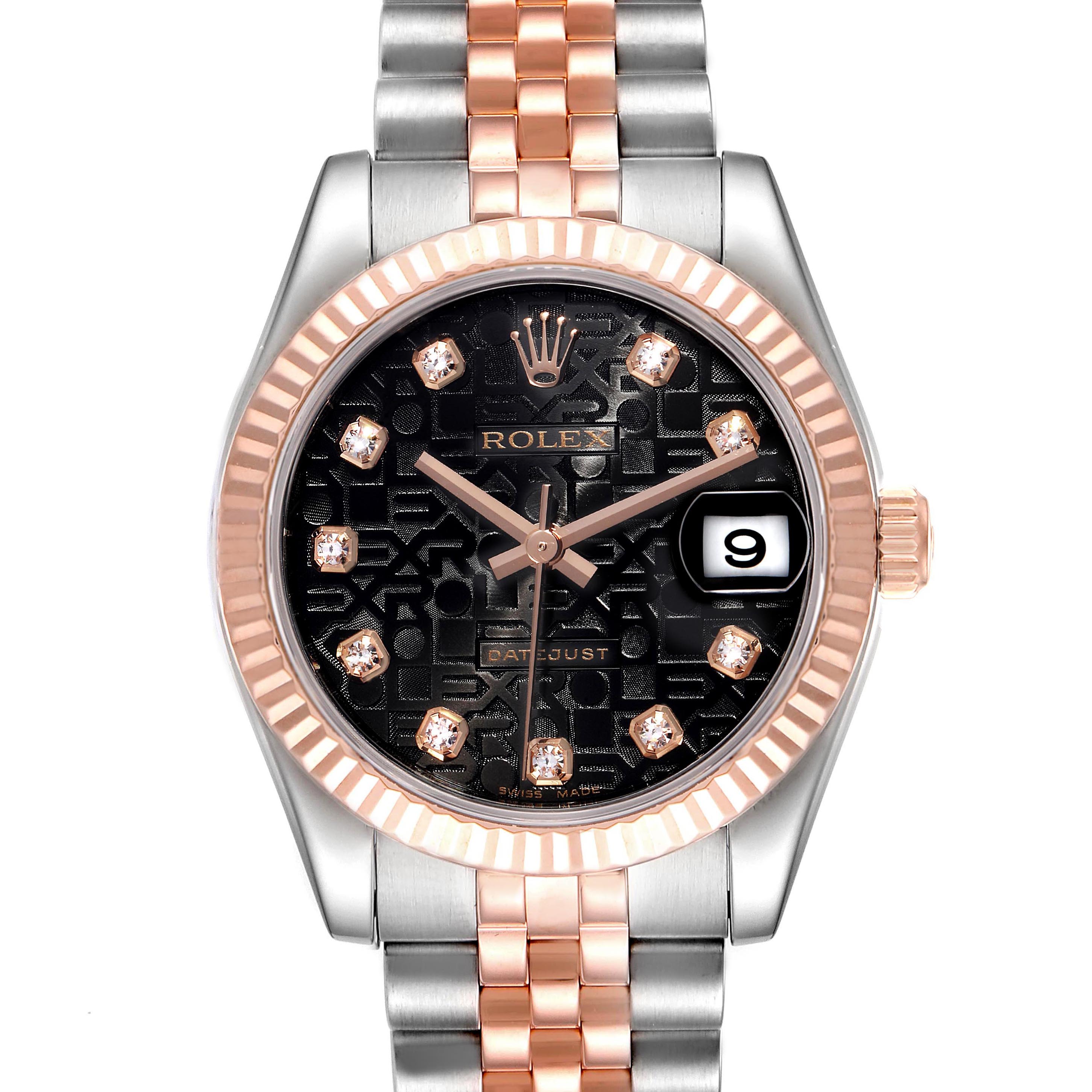 This image shows a front view of a Rolex Mid-Size 178271 Women's Steel and Gold (two tone) Black Dial 178271 Women's Steel and Gold (two tone) Black Dial Datejust watch with a rose gold and silver bracelet, black dial, and date display.