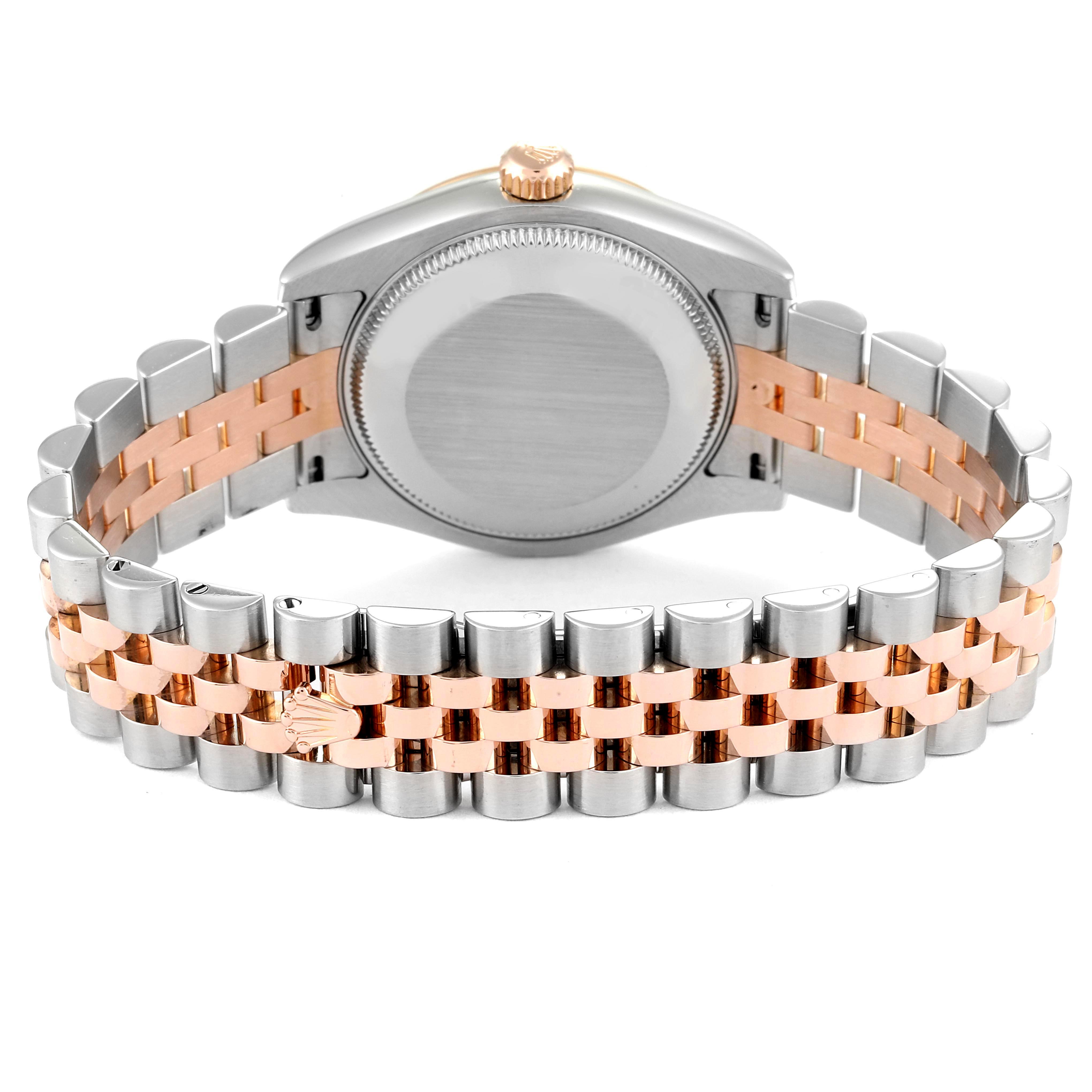 This image shows the backside of a Rolex Mid-Size 178271 Women's Steel and Gold (two tone) Black Dial 178271 Women's Steel and Gold (two tone) Black Dial watch, highlighting the case back and two-tone bracelet.