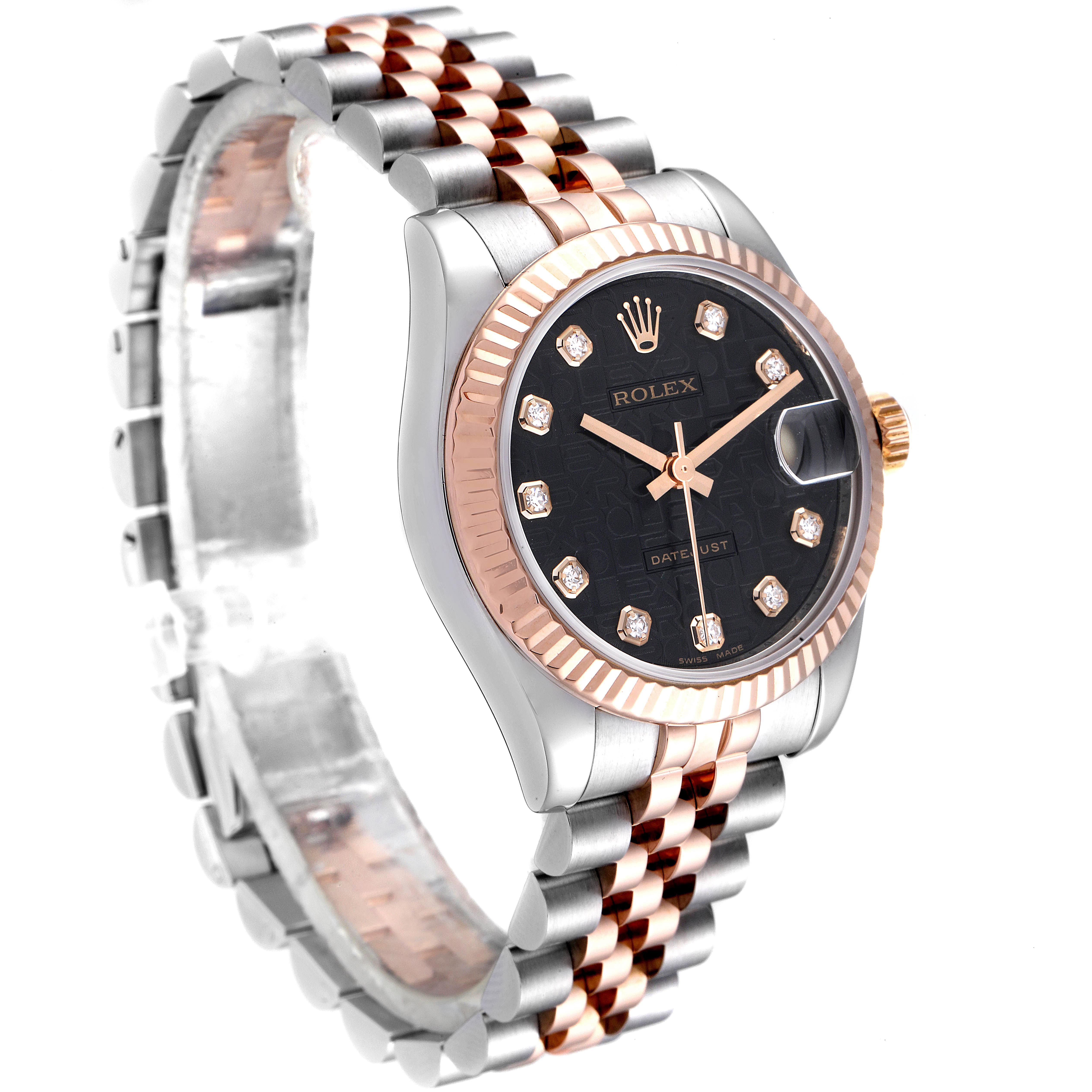 This image shows a side view of a Rolex Mid-Size 178271 Women's Steel and Gold (two tone) Black Dial 178271 Women's Steel and Gold (two tone) Black Dial watch with a two-tone bracelet and a black dial with diamond hour markers.