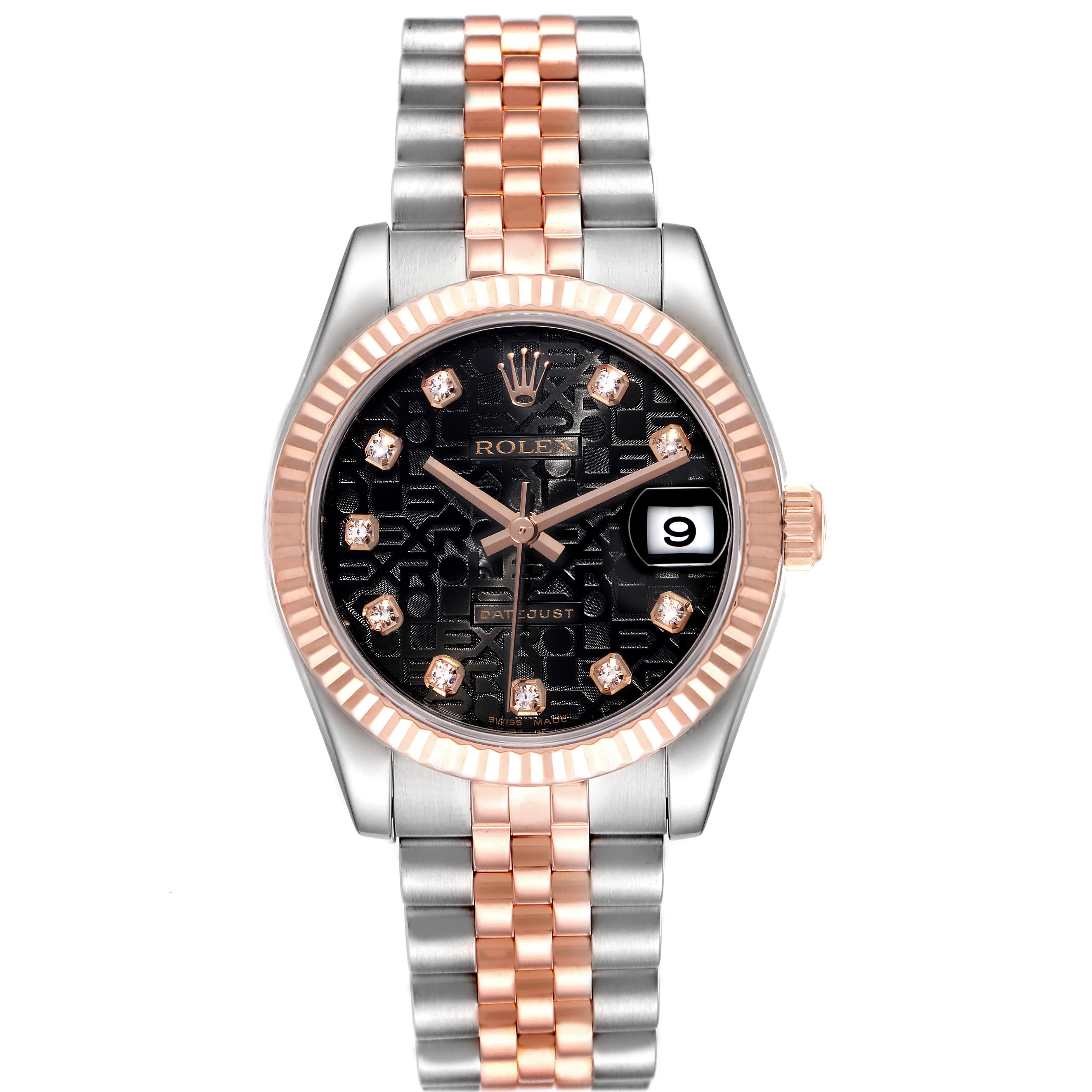 The image shows a frontal view of a Rolex Mid-Size 178271 Women's Steel and Gold (two tone) Black Dial 178271 Women's Steel and Gold (two tone) Black Dial Datejust watch with a black dial, fluted bezel, and two-tone bracelet.