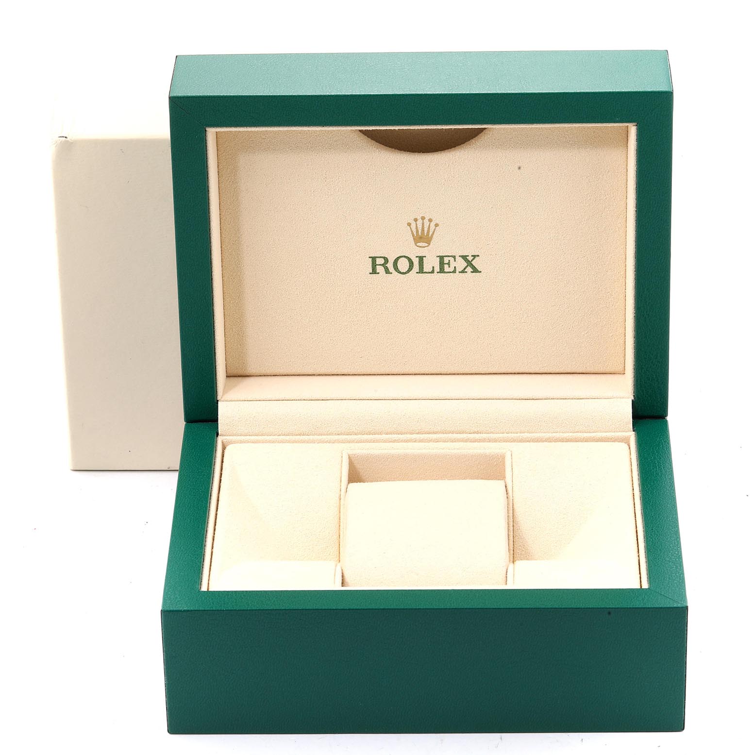 This is an open Rolex watch box for a Mid-Size model, showcasing the interior compartments and cushion.