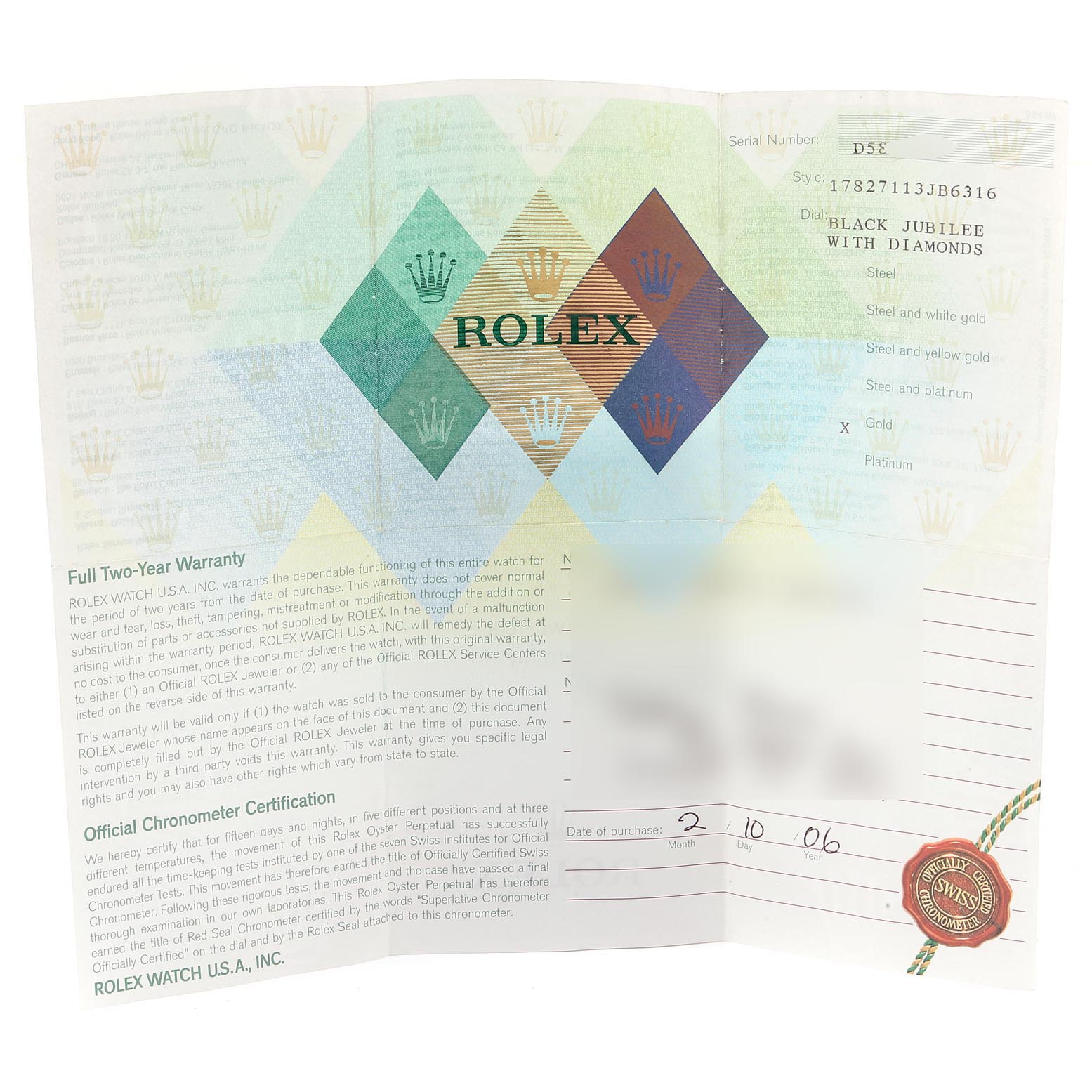 This image shows the official warranty card for a Mid-Size Rolex watch, including model and serial numbers, and purchase date.