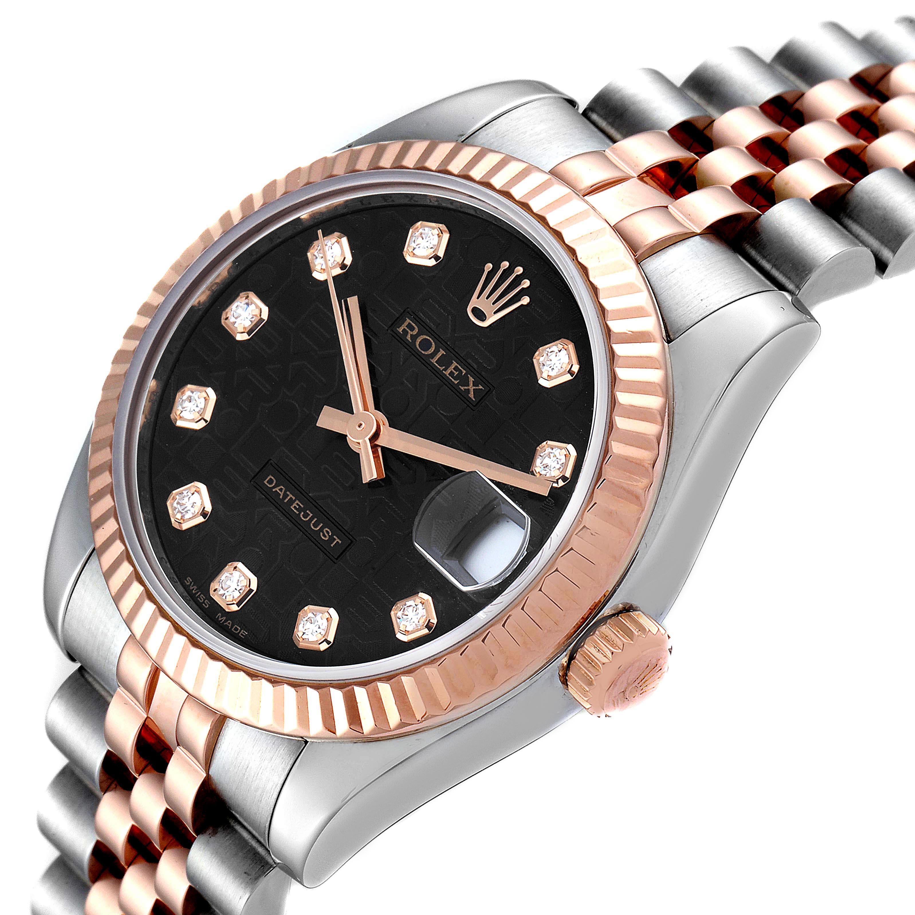 The image shows a Mid-Size Rolex Datejust watch at an angle highlighting its face, bezel, crown, and part of the bracelet.