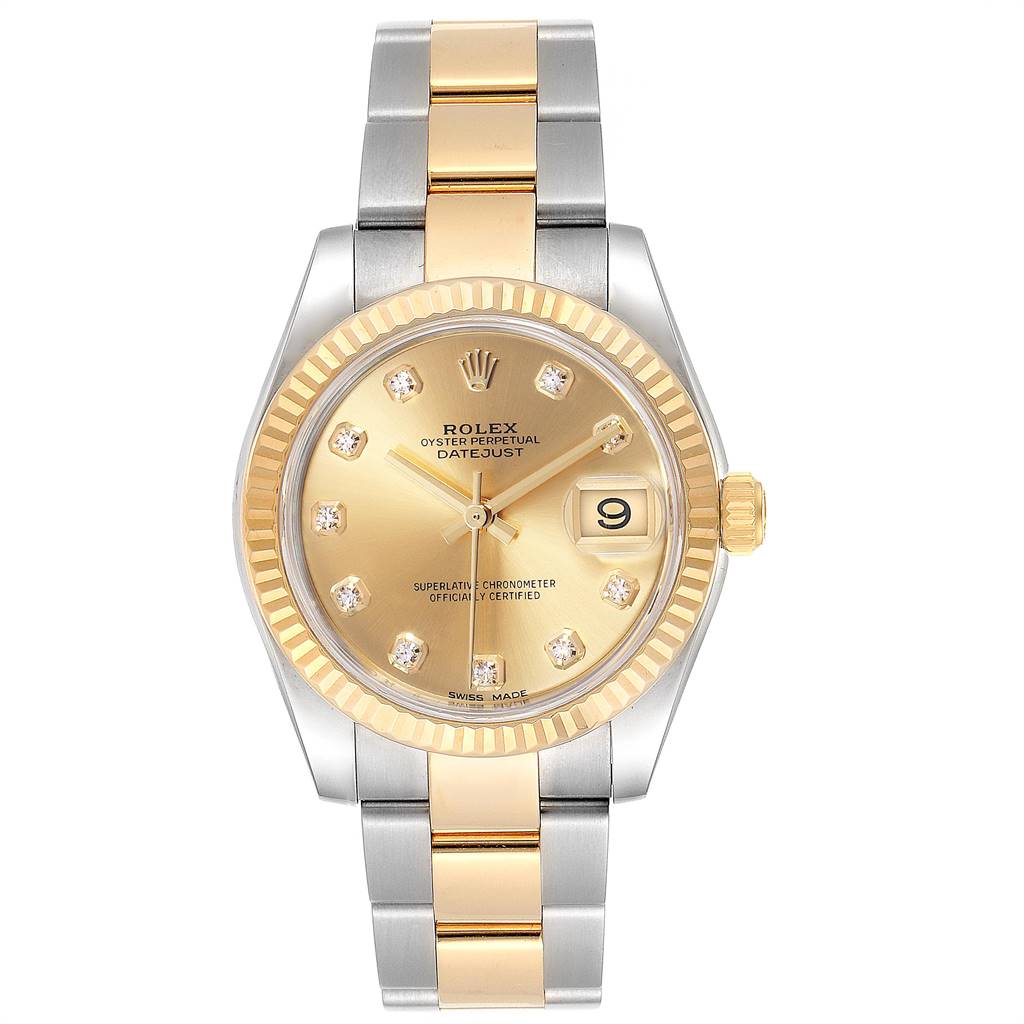 This image shows a front view of a Mid-Size Rolex Oyster Perpetual Datejust watch with a silver and gold bracelet and a gold dial.
