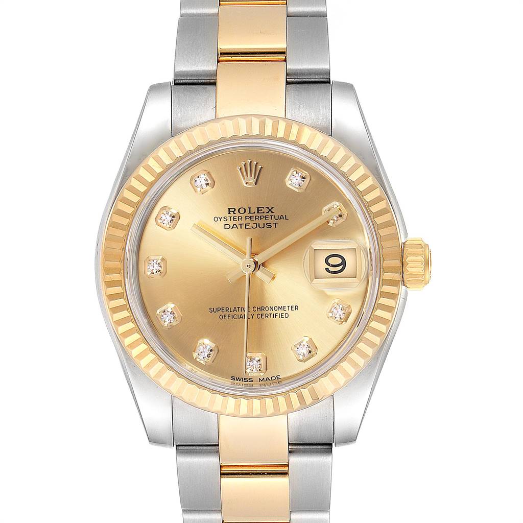 The Rolex Mid-Size 178273 Women's Steel and Gold (two tone) Champagne Dial 178273 Women's Steel and Gold (two tone) Champagne Dial Datejust watch is shown from a front angle, featuring the dial, bezel, crown, and part of the bracelet.