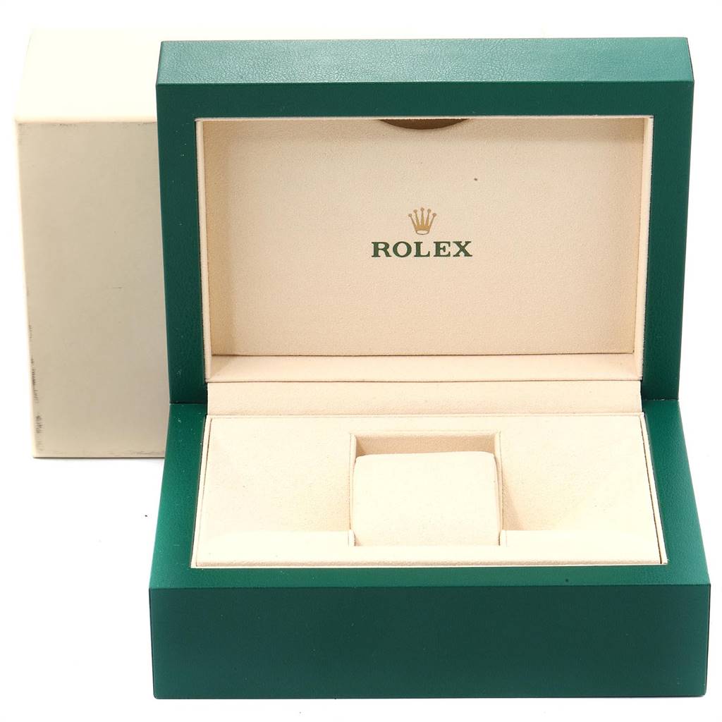 This image shows an open Rolex watch box for a Mid-Size model, displaying the inner cushion and compartments from the front angle.