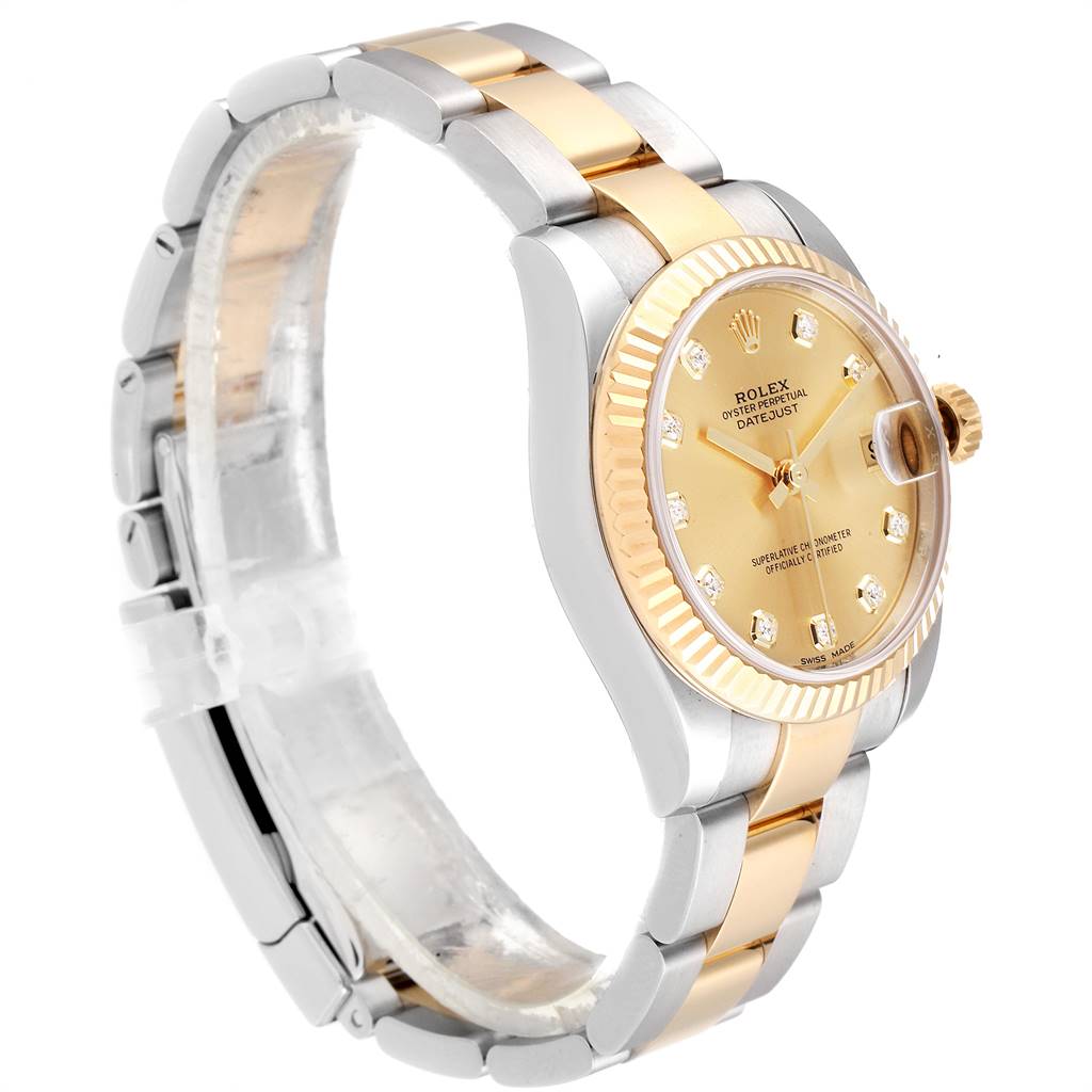 This image shows the side profile of a Rolex Mid-Size 178273 Women's Steel and Gold (two tone) Champagne Dial 178273 Women's Steel and Gold (two tone) Champagne Dial Oyster Perpetual Datejust, highlighting its gold and silver bracelet and dial.