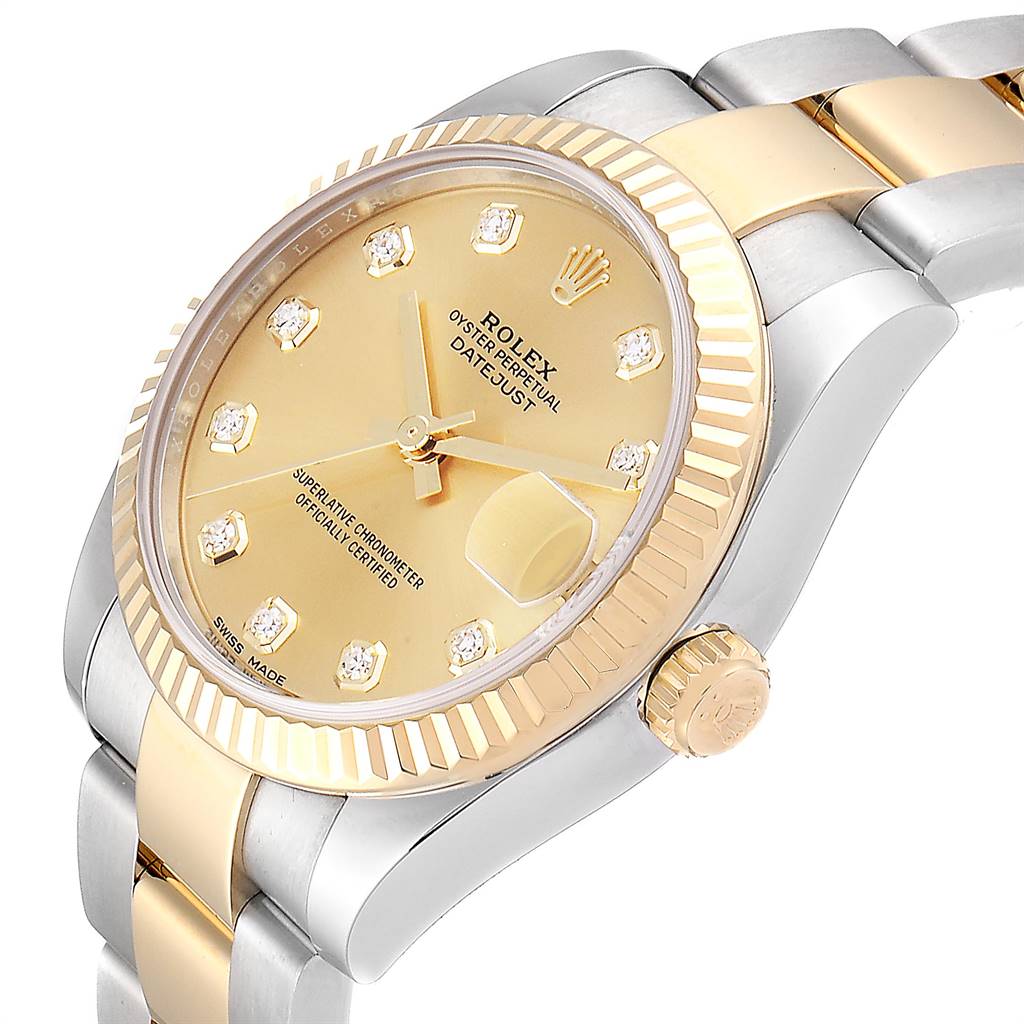 The image shows a close-up of the right side and face of the Rolex Datejust Mid-Size watch.