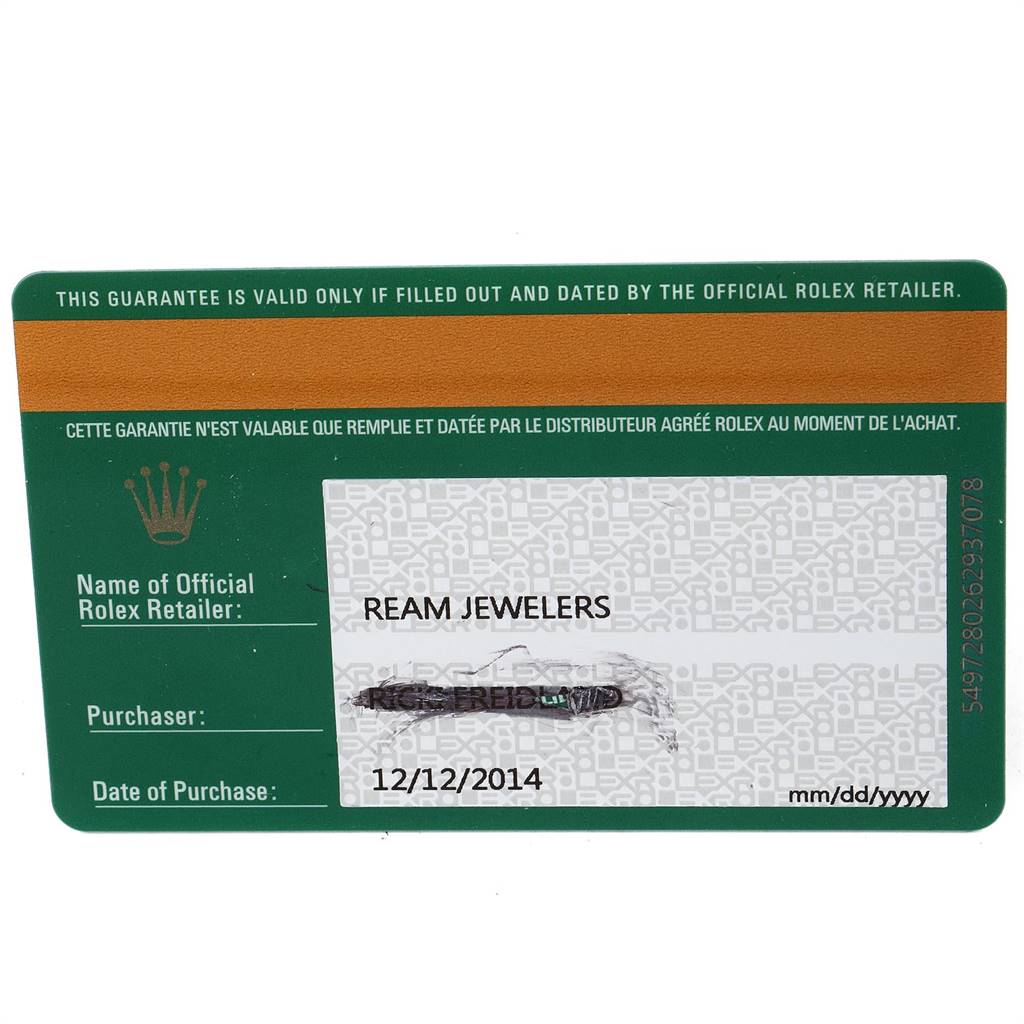 The image shows a Rolex guarantee card for a Mid-Size model, issued by an official retailer, with the purchase date.