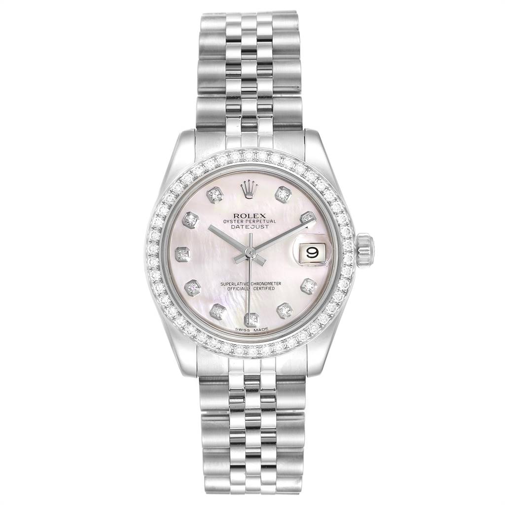The image shows a front-facing view of a Rolex Mid-Size 178384 Women
s Stainless Steel Mother of Pearl Dial 178384 Women
s Stainless Steel Mother of Pearl Dial Oyster Perpetual Datejust, displaying the dial, hands, date window, and bracelet.