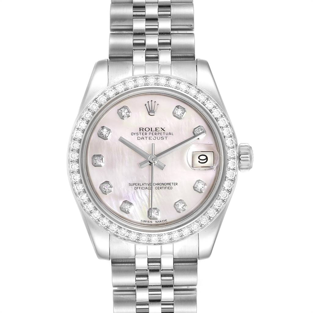 The image shows a front view of a Rolex Mid-Size 178384 Women
s Stainless Steel Mother of Pearl Dial 178384 Women
s Stainless Steel Mother of Pearl Dial Oyster Perpetual Datejust with a diamond bezel and Jubilee bracelet.