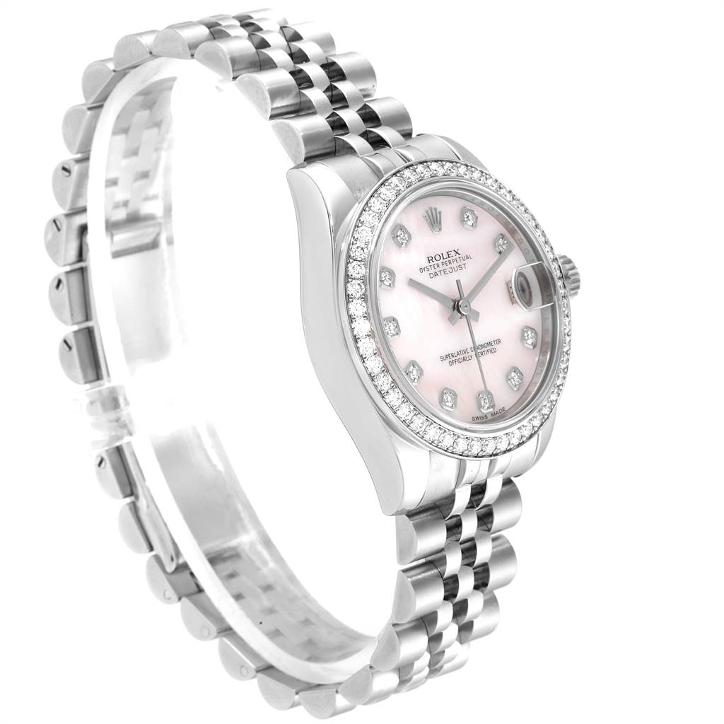 The Rolex Mid-Size 178384 Women
s Stainless Steel Mother of Pearl Dial 178384 Women
s Stainless Steel Mother of Pearl Dial watch is shown at an angled side view, displaying the bezel, dial, crown, and part of the bracelet.