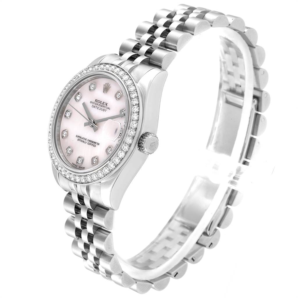 The image shows a side angle of a Rolex Mid-Size 178384 Women
s Stainless Steel Mother of Pearl Dial 178384 Women
s Stainless Steel Mother of Pearl Dial watch, highlighting its face, bezel, and bracelet.