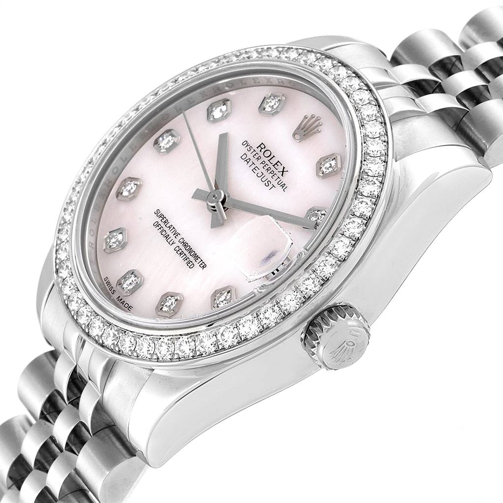 This image shows a close-up, angled view of the dial, bezel, crown, and part of the bracelet of a Rolex Mid-Size 178384 Women
s Stainless Steel Mother of Pearl Dial 178384 Women
s Stainless Steel Mother of Pearl Dial Datejust watch.