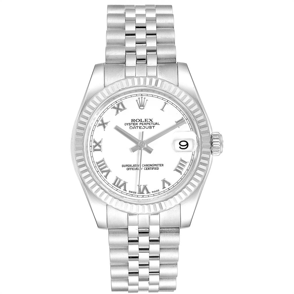 The image shows a front view of a Rolex Mid-Size 178274 Women's Stainless Steel White Dial 178274 Women's Stainless Steel White Dial Oyster Perpetual Datejust watch.