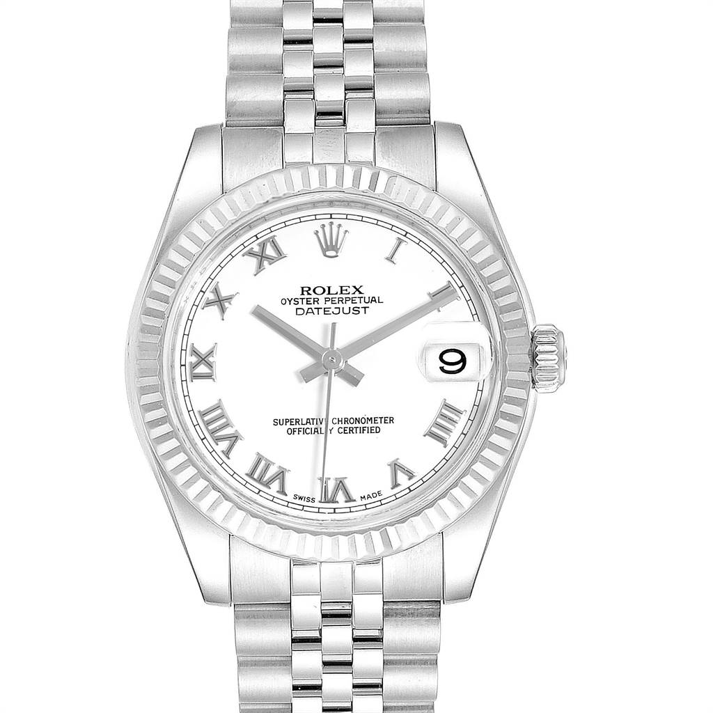 The image shows a front view of a Rolex Mid-Size 178274 Women's Stainless Steel White Dial 178274 Women's Stainless Steel White Dial Oyster Perpetual Datejust watch, detailing the face, bezel, and bracelet.