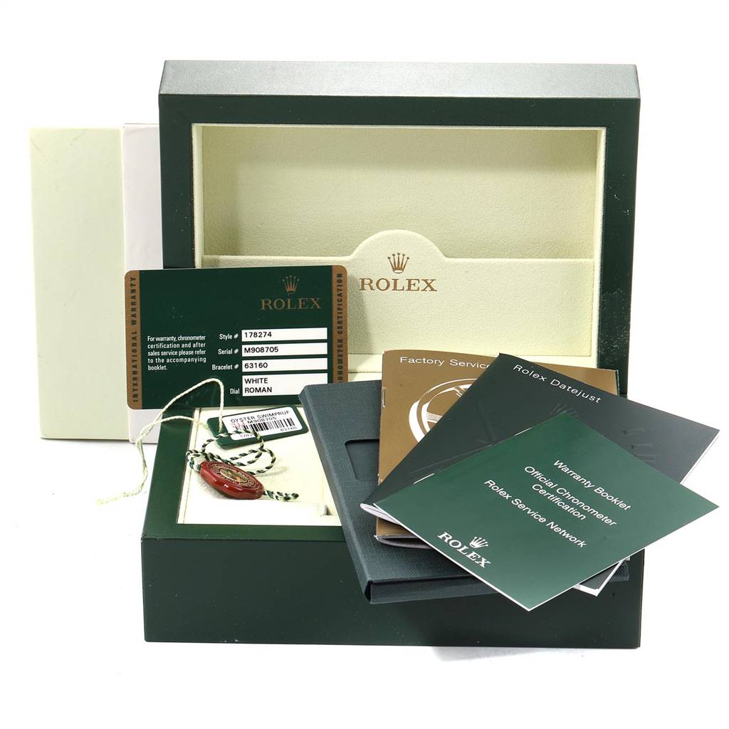 The image shows a Rolex Mid-Size 178274 Women's Stainless Steel White Dial 178274 Women's Stainless Steel White Dial model watch packaging, including the box, warranty booklets, and tags, viewed from the front.