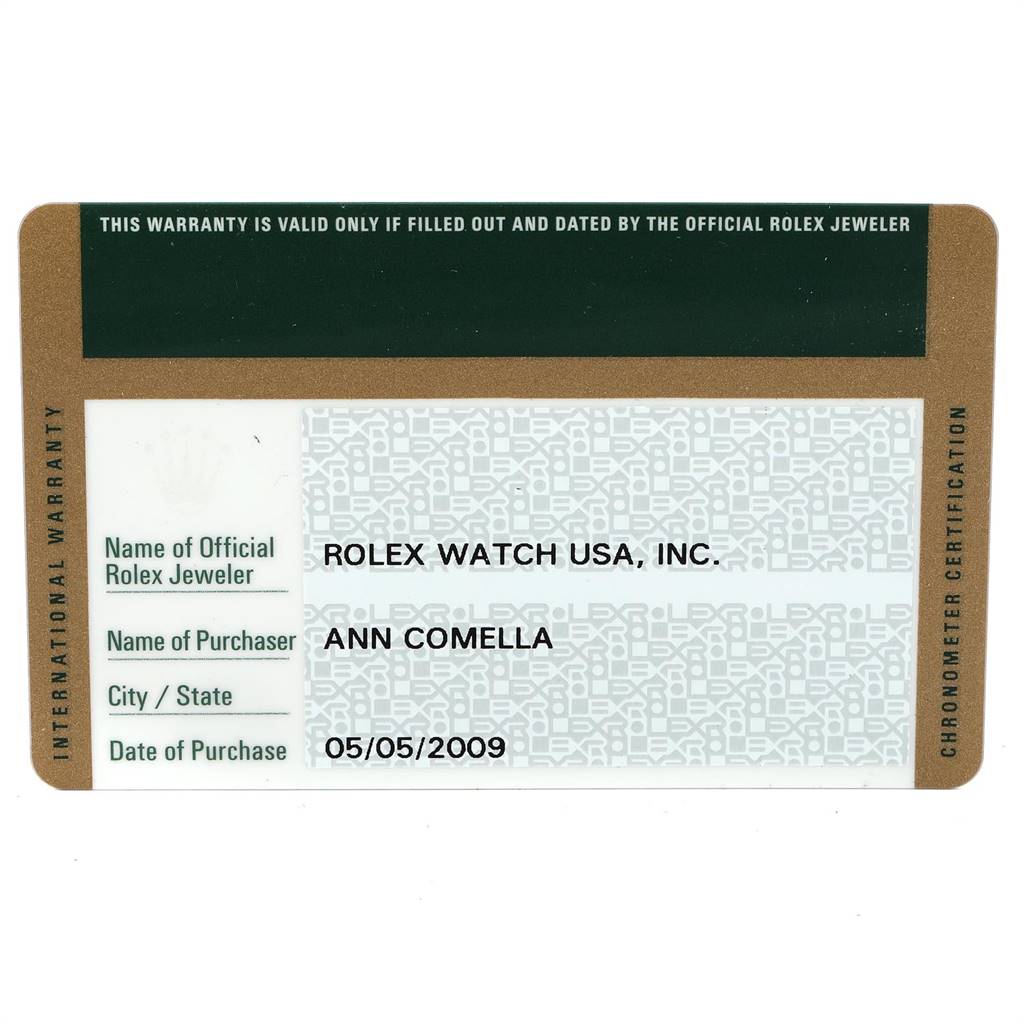 This is a warranty card for a Rolex Mid-Size 178274 Women's Stainless Steel White Dial 178274 Women's Stainless Steel White Dial watch, displaying purchase details and certification information.