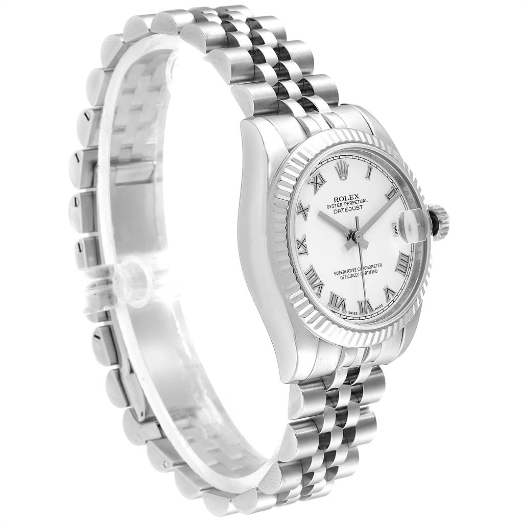 The image shows a side view of a Mid-Size Rolex Datejust watch, highlighting its case, bracelet, and dial.