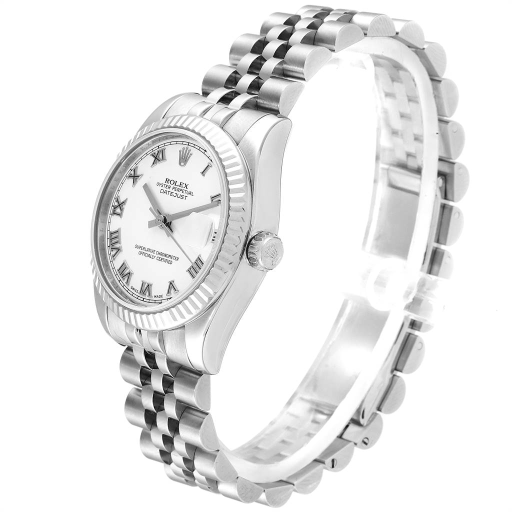 A Rolex Mid-Size 178274 Women's Stainless Steel White Dial 178274 Women's Stainless Steel White Dial watch is shown at an angled side view, detailing the face, bezel, and bracelet.