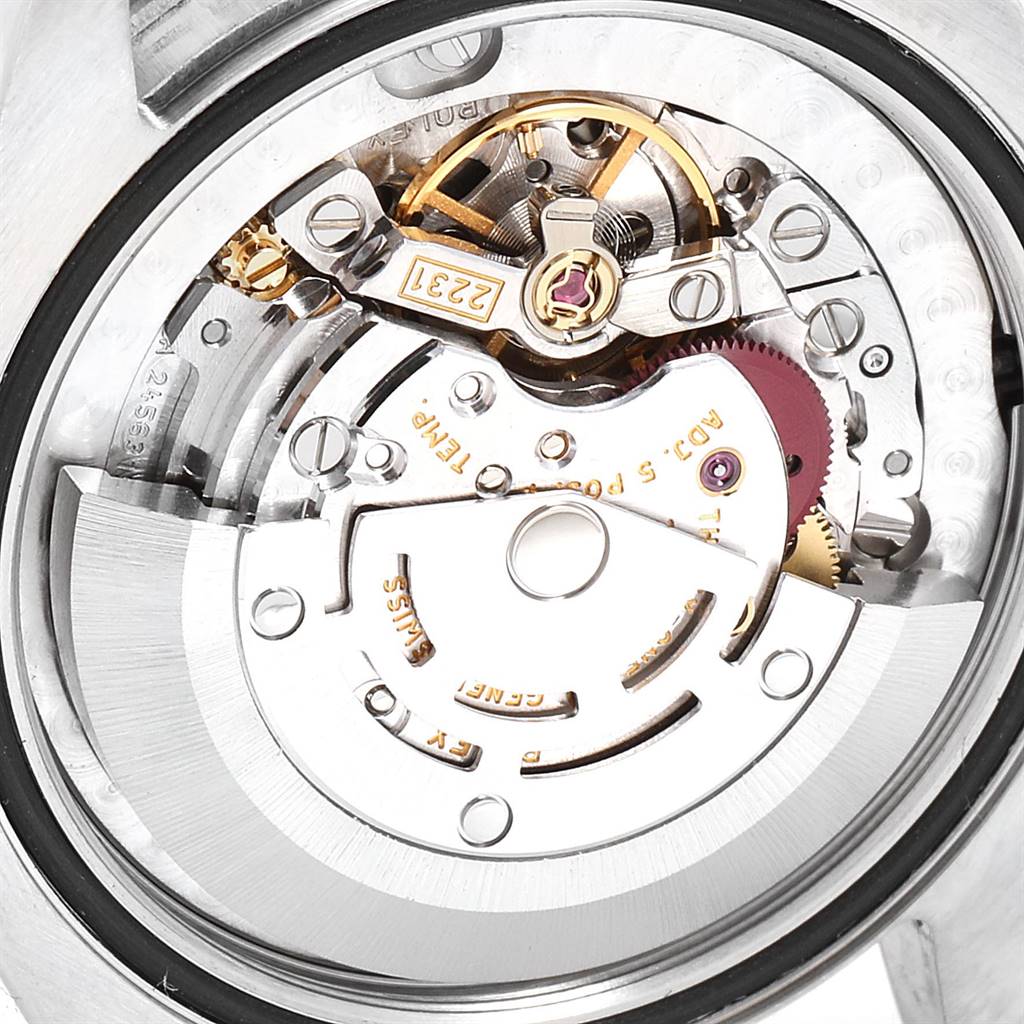 This image shows the internal movement and mechanisms of a Rolex Mid-Size 177234 Women's Stainless Steel Silver Dial 177234 Women's Stainless Steel Silver Dial model watch from a close-up angle.