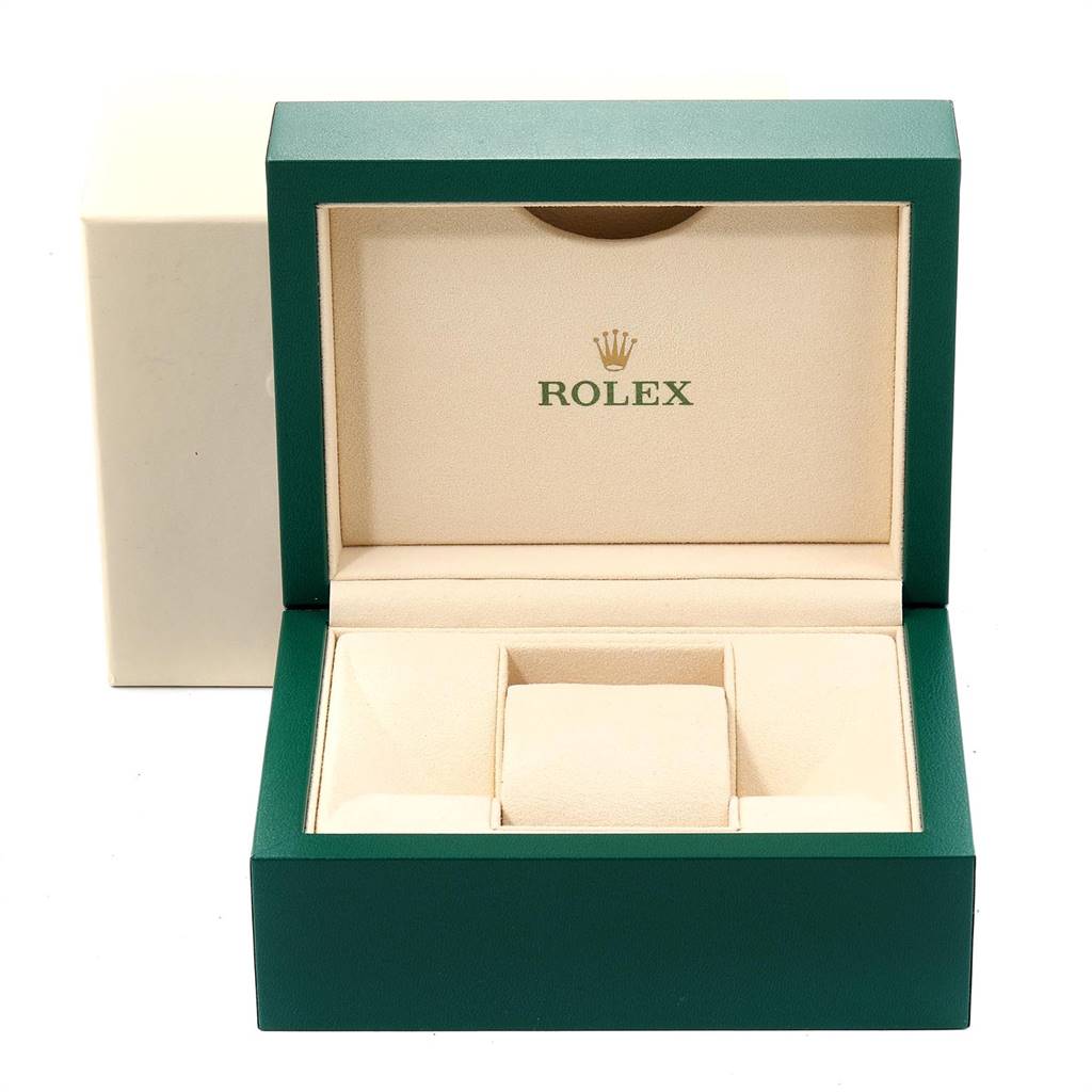 The image shows an open green Rolex watch box for a Mid-Size model, displaying its interior compartments.