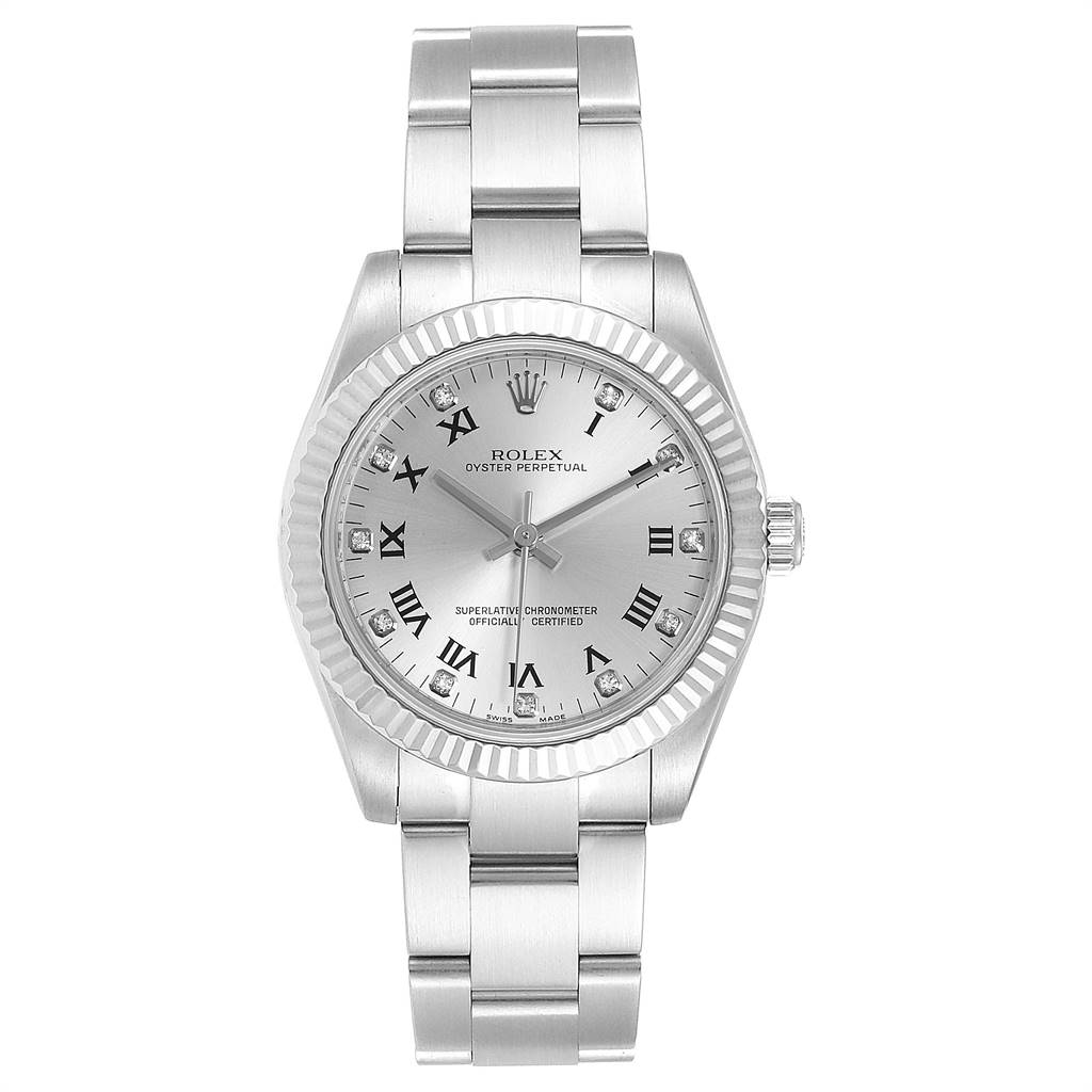This image shows a front view of the Rolex Mid-Size 177234 Women's Stainless Steel Silver Dial 177234 Women's Stainless Steel Silver Dial Oyster Perpetual watch, displaying the dial, bezel, and bracelet.