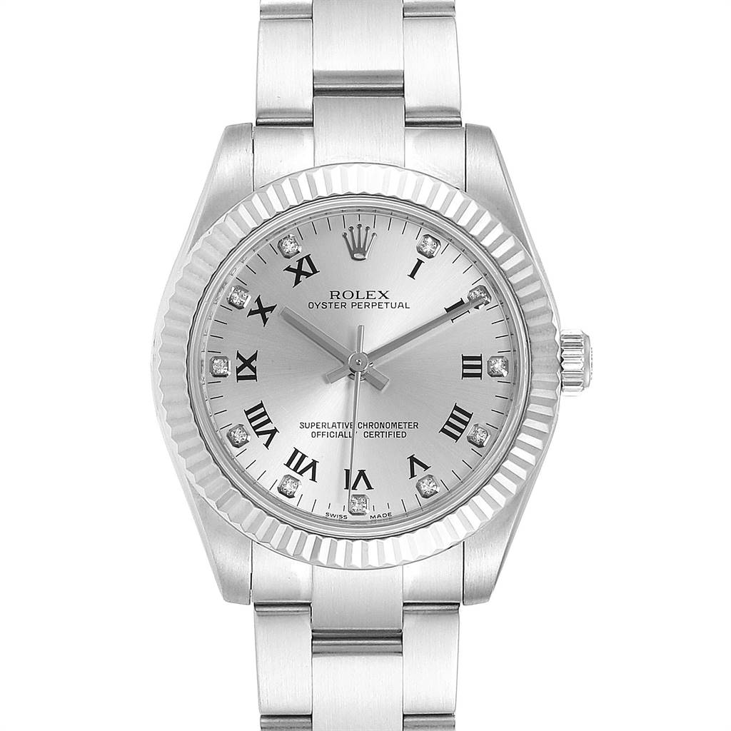 This Rolex Oyster Perpetual Mid-Size watch is shown at a straight-on angle, displaying the face, bezel, and part of the bracelet.