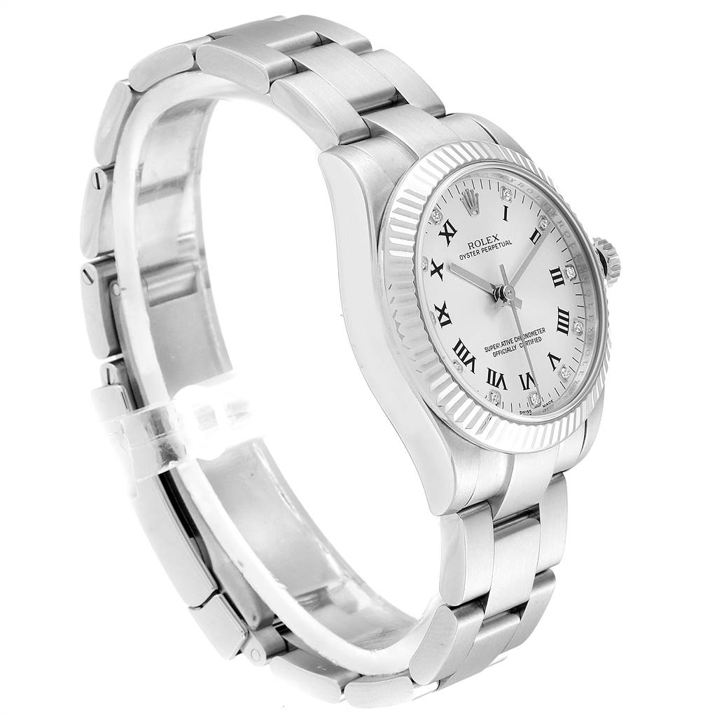 The Mid-Size Rolex watch is shown at an angle displaying the side, bracelet, dial, and fluted bezel.