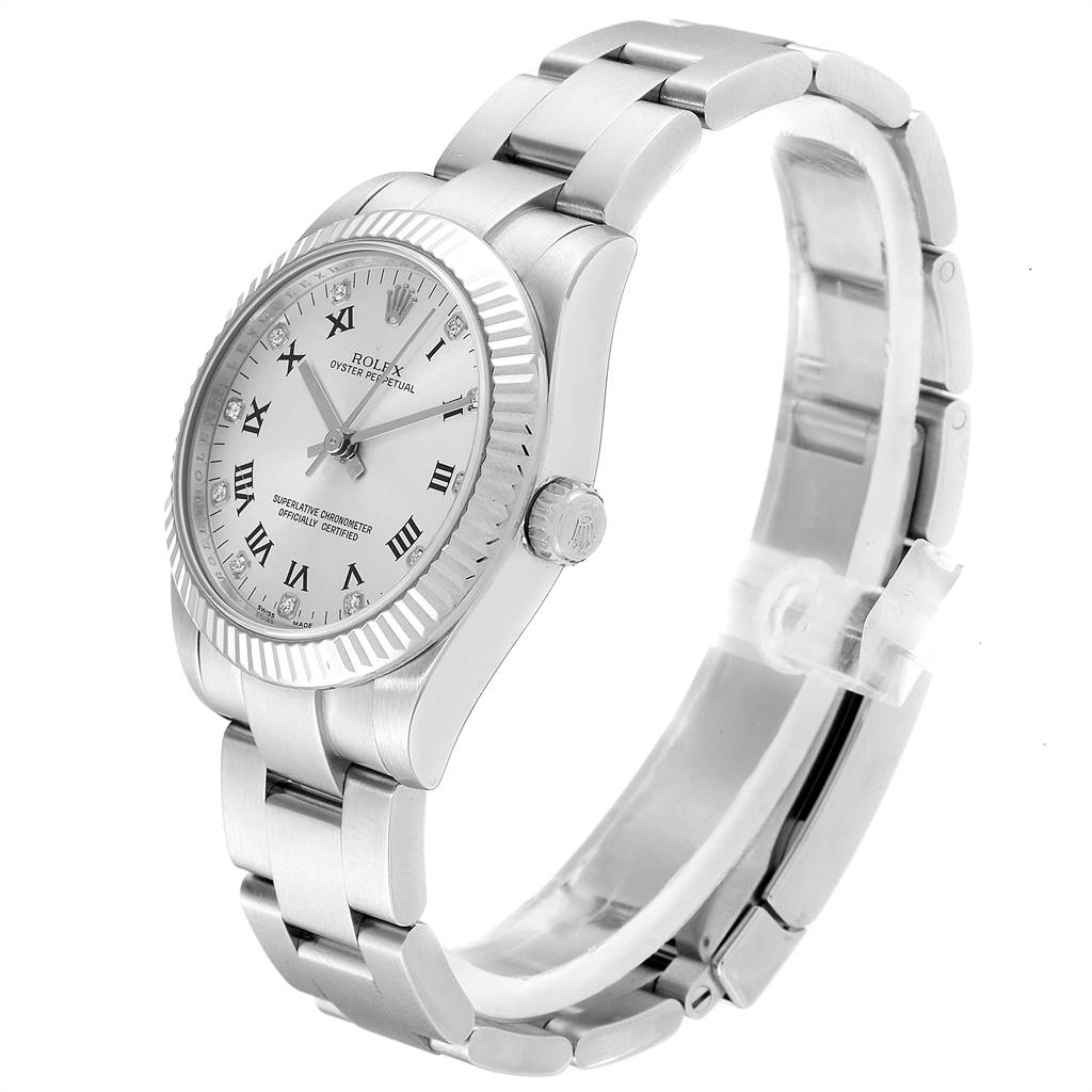 The Rolex Mid-Size 177234 Women's Stainless Steel Silver Dial 177234 Women's Stainless Steel Silver Dial watch is shown at a three-quarter angle, displaying the face, crown, and part of the band.