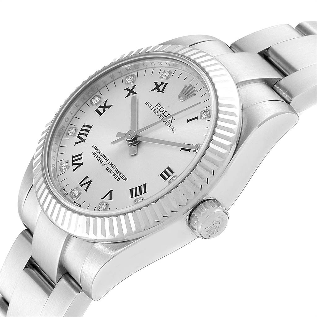 The Rolex Mid-Size 177234 Women's Stainless Steel Silver Dial 177234 Women's Stainless Steel Silver Dial watch is shown from a 3/4 angle, displaying the dial, bezel, crown, and part of the bracelet.
