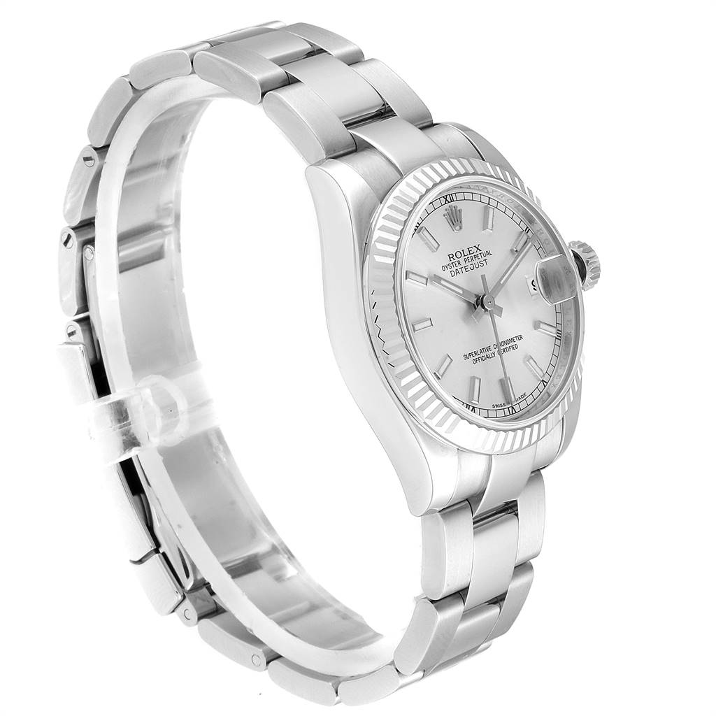 The image shows a side view of a Rolex Mid-Size 178274 Women's Stainless Steel Silver Dial 178274 Women's Stainless Steel Silver Dial model, highlighting its dial, bezel, bracelet, and clasp.