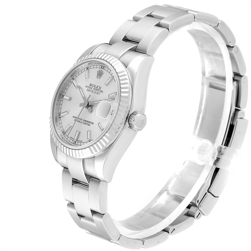 This image shows a side and front angle of a Rolex Mid-Size 178274 Women's Stainless Steel Silver Dial 178274 Women's Stainless Steel Silver Dial Oyster Perpetual Datejust, displaying the face, bezel, and bracelet.