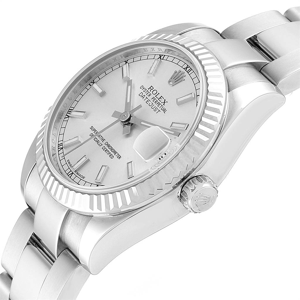 The image shows a side-angle view of the Rolex Mid-Size 178274 Women's Stainless Steel Silver Dial 178274 Women's Stainless Steel Silver Dial Datejust, highlighting the dial, bezel, and crown.