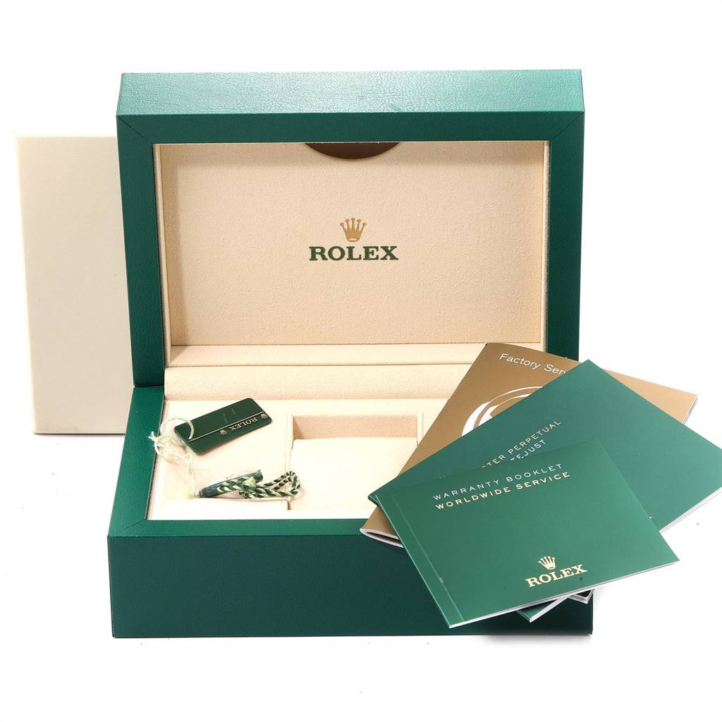 The image shows a Rolex Mid-Size 178274 Women's Stainless Steel Silver Dial 178274 Women's Stainless Steel Silver Dial model's open box, warranty booklet, hang tag, and other documentation from a frontal angle.