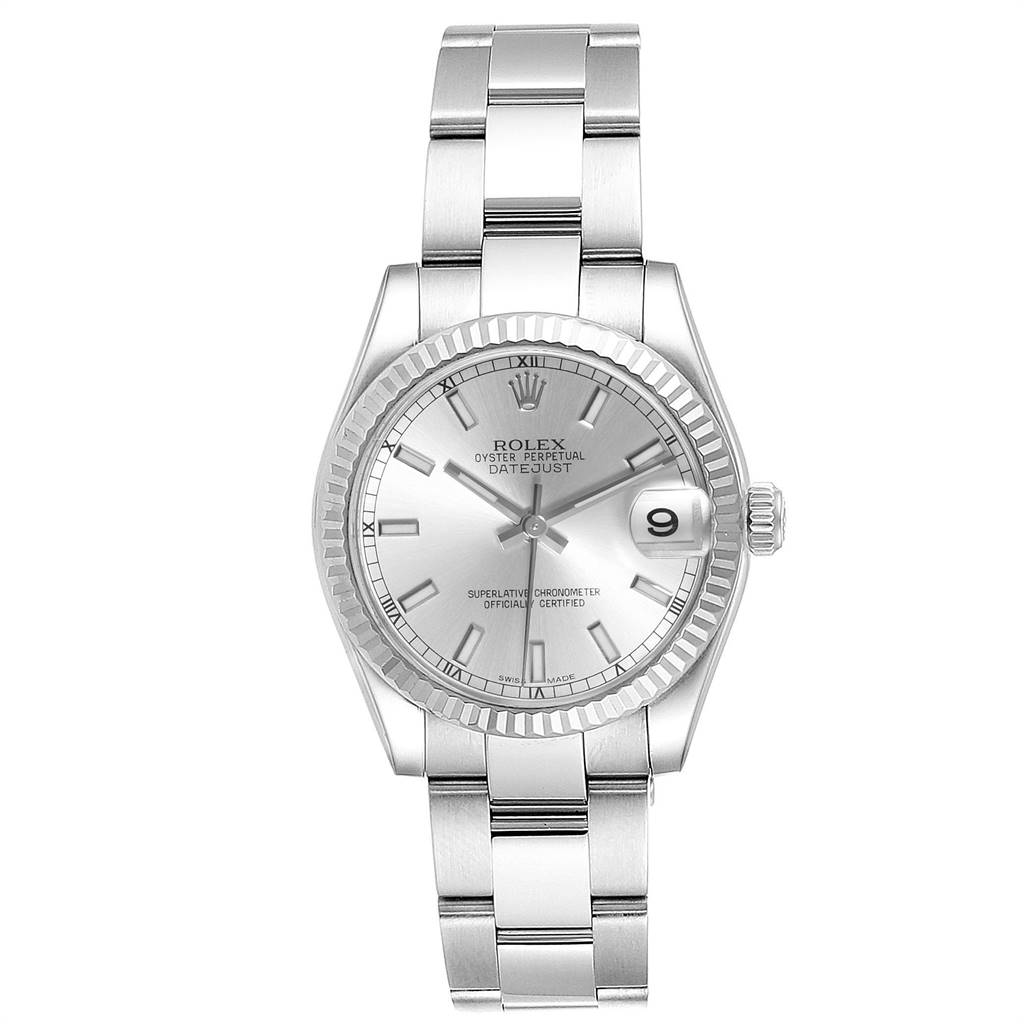The image shows a front-facing Rolex Oyster Perpetual Datejust Mid-Size watch with a silver dial and oyster bracelet.