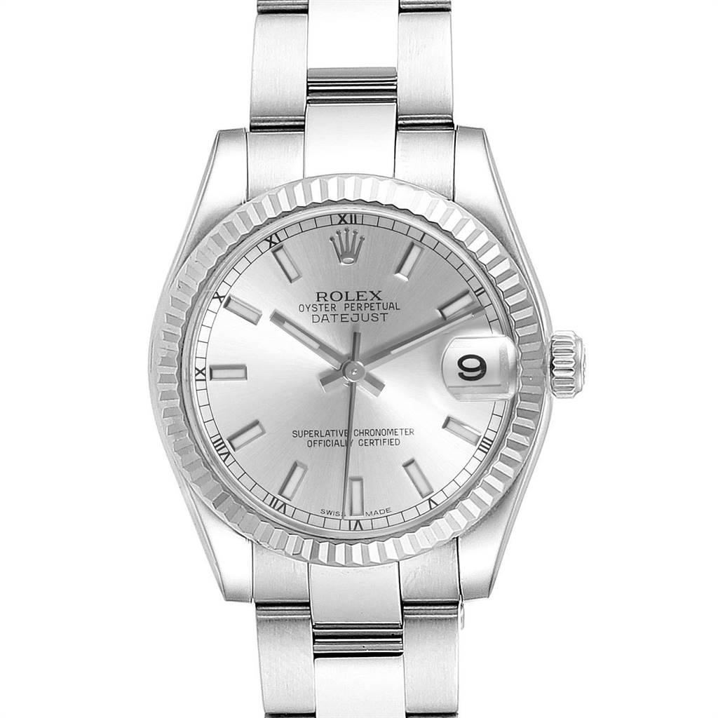 This image shows the front view of a Rolex Mid-Size 178274 Women's Stainless Steel Silver Dial 178274 Women's Stainless Steel Silver Dial Datejust watch with a silver dial, Roman numeral markers, and a date window at 3 o’clock.