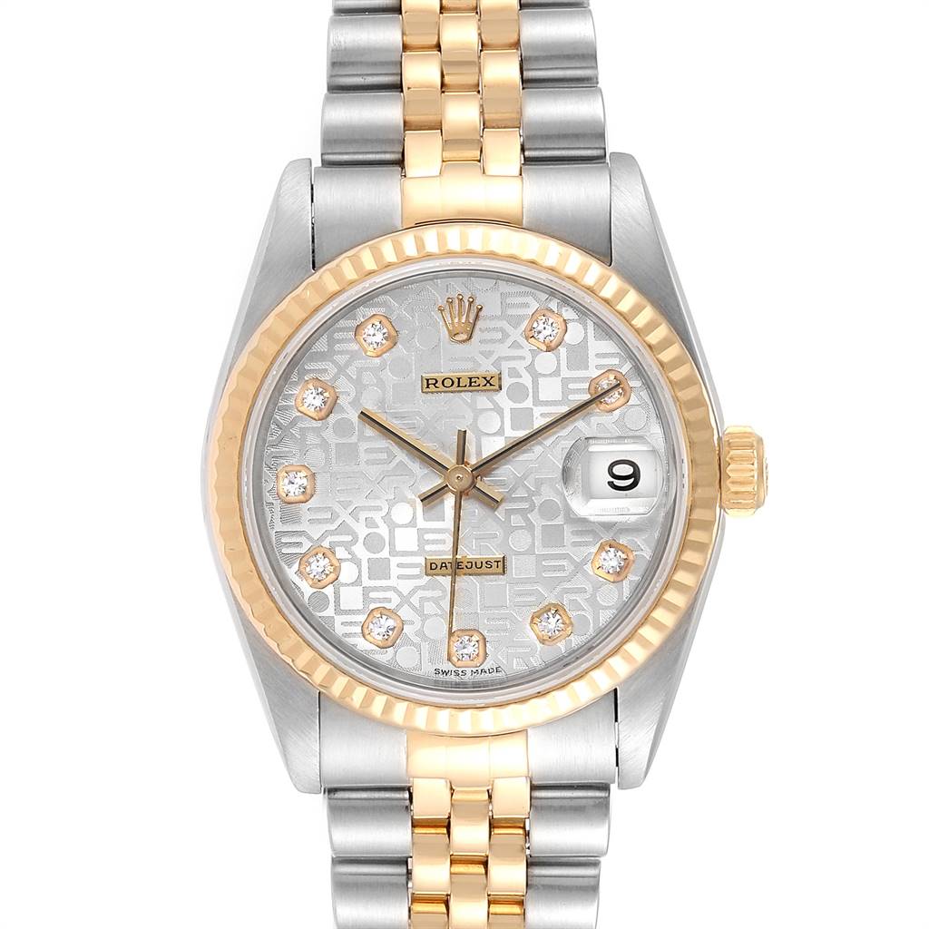 The image shows a front view of a Rolex Mid-Size 78273 Women's Steel and Gold (two tone) Silver Dial 78273 Women's Steel and Gold (two tone) Silver Dial model watch, highlighting its two-tone metal band and date window.